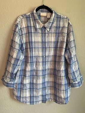 Alfred Dunner Light Blue and White Plaid Button-Down Shirt